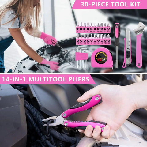 Must Have Portable Car Emergency Kit With 12V Air Compressor Jumper Cables First Aid Auto Tool Set Roadside Safety Gear, image of woman using 30-piece tool kit and 14-in-1 multitool pliers