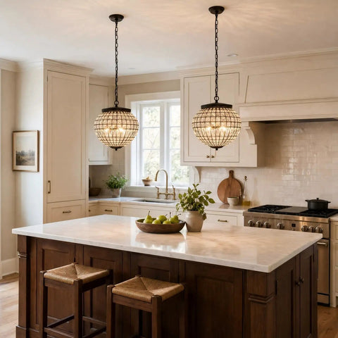 14 inch Crystal Pendant Light, 2-Light Antique Bronze Small Chandelier hanging above a kitchen island with apples.