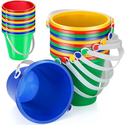 24 Piece Neon Beach Bucket Set For Kids With 5 Inch Buckets, colorful stack of sand pails with handles for beach play
