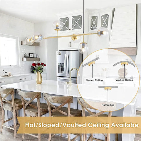Kitchen island with Six Light Gold Sputnik Chandelier With Glass Shades, Height Adjustable Mid Century Brass Pendant, 3000K LED