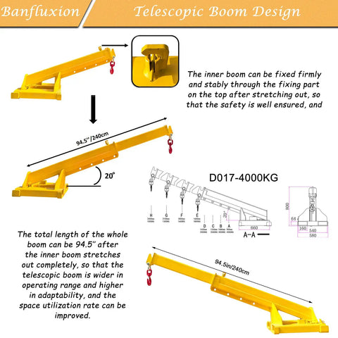 Heavy Duty Forklift Jib Boom Crane With Four Ton Capacity Telescopic Steel Boom For Warehouse Rigging, showing telescopic design and dimensions.