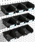 Ten Pack Pegboard Bins With Hooks And Labels For Organizing Accessories In Black Durable Polypropylene That Holds Up To 22 Lbs
