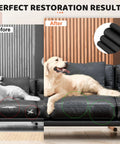 Before and after of couch repaired with Black Leather Repair Tape Kit for Furniture and Car Interiors, 4x63 Inch Self Adhesive Leather Patch.