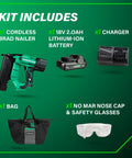 Kit includes 18V MultiVolt Brushless Compact Cordless Brad Nailer Kit With 2.0Ah Battery Drives Five Eighths To Two Inch Nails Beast Pro Grade Nailing Tool For Trim And Finish Work NT1850DFT.