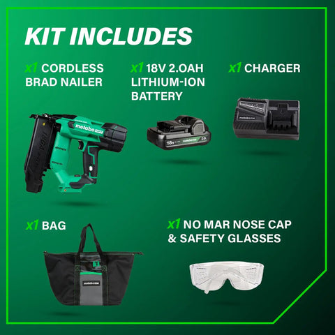 Kit includes 18V MultiVolt Brushless Compact Cordless Brad Nailer Kit With 2.0Ah Battery Drives Five Eighths To Two Inch Nails Beast Pro Grade Nailing Tool For Trim And Finish Work NT1850DFT.