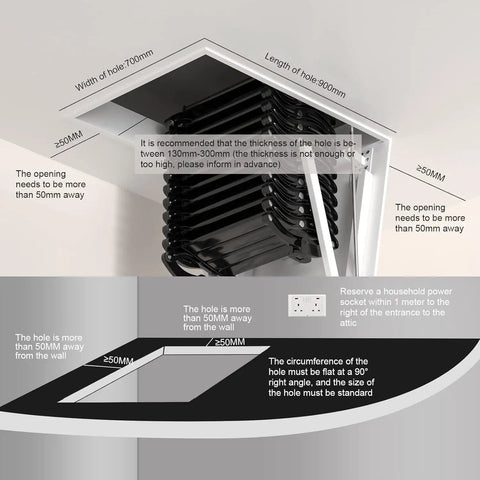 Installation guide showing dimensions for Heavy Duty Electric Attic Ladder With Remote Control, 13 Step Folding Loft Stairs.