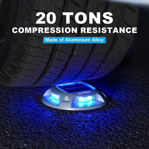 8 Pack Solar Dock Lights White Blue Two Color Switchable For Driveways Decks Paths And Docks Waterproof Marine Grade Outdoor LED Marker Lights Saltwater Resistant showing compression resistance under vehicle tire