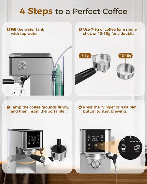 Semi Automatic Espresso Machine With 20 Bar Pressure And Built In Activated Carbon Water Filter Cutting Chlorine For A Crystal Clear Flavor Kick Daily Morning Fuel Compact Countertop Setup step-by-step coffee brewing guide