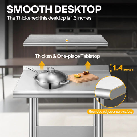 Stainless Steel 24x24 Inch Work Table With Backsplash And Wheels Durable Prep Station For Restaurant Hotel Home And Warehouse Use With Locking Wheels And Stabilizing Feet, close-up of thick tabletop with rounded edges and 1.4-inch backsplash, in kitchen setting