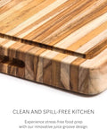 Killer Size Top Shelf Teak Wood Cutting Board 20X15 Inches close-up of juice groove design for easy food prep.