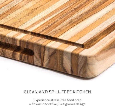 Killer Size Top Shelf Teak Wood Cutting Board 20X15 Inches close-up of juice groove design for easy food prep.