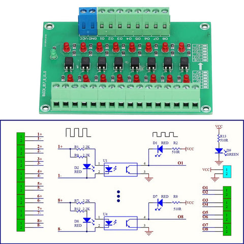 Eight Channel Optocoupler Isolation Module for PLCs 24V Input to 3V3 and 5V Logic Level with circuit diagram