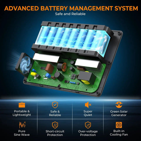Close-up view of advanced battery management system for Solar Powered Generator 200W Portable Power Station With 40W Solar Panel 146Wh.