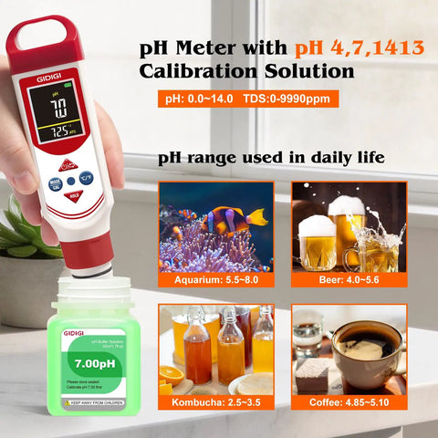 4-In-1 Water Tester With Color Screen Display And Pro Grade Accuracy PH EC TDS PPM Meter for Hydroponics, showing pH calibration.
