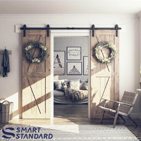 8 Ft Double Barn Door Hardware Kit For 24 Inch Wide Doors Ultra Smooth Quiet Sliding Track With J Shape Hanger Black Finish
