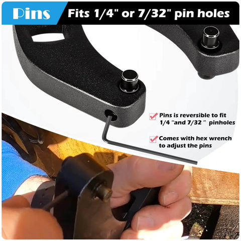 Universal Gland Nut Wrench For Hydraulic Cylinders showing reversible pins and hex wrench for 1/4" or 7/32" pin holes