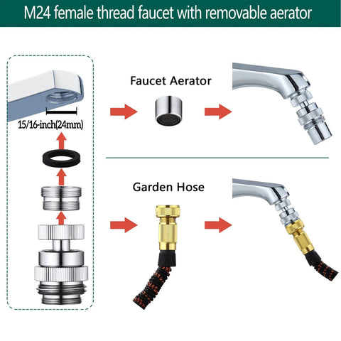 Swivel Faucet Adapter Kit For Garden Hose 360 Degree Rotation Three Quarter Inch GHT Thread Multi Thread Connector, M24 24mm brass