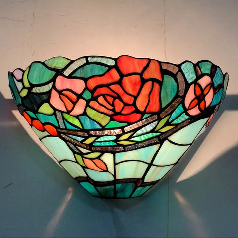 Rose Flower Tiffany Style Stained Glass Wall Sconce Lamp 12 Inch Wide Handmade Home Decor With Warm Glow, E12 Socket