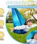 Child in blue sensory swing pod chair outdoors with text highlighting features.