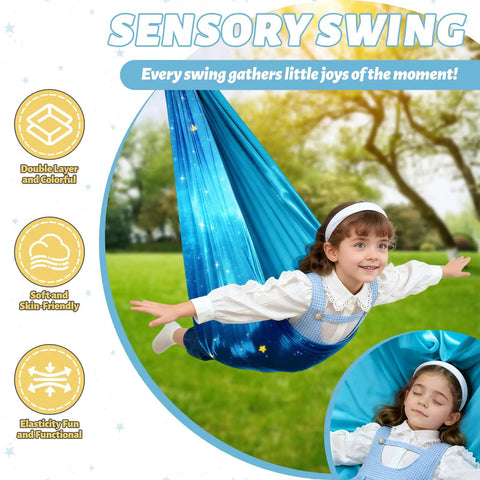 Child in blue sensory swing pod chair outdoors with text highlighting features.