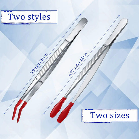 Image showing two styles of the 4 Piece Rubber Tipped Tweezers Set With PVC Silicone Tips Flat And Bent Styles For Lab Work Jewelry Craft Coin Stamp Tongs Red Coated Non Scratch Forceps, with size indicators of 5.9 and 4.72 inches.