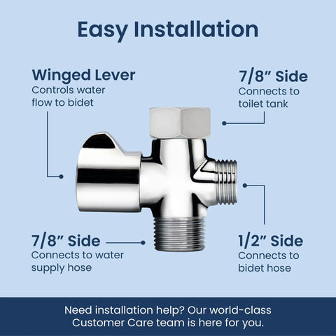 7/8 Inch By 7/8 Inch By 1/2 Inch Shut Off T Adapter For Bidet Water Supply With Winged Chrome Finish for easy install shown