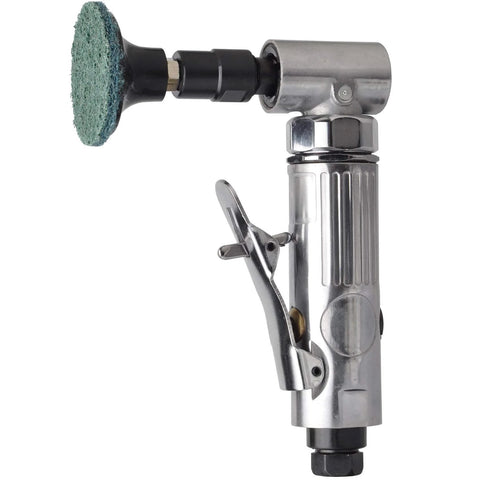 Side view of a 1/4-inch angle air die grinder with a green 2-inch roll-lock sanding disc attached to a chrome metal body.