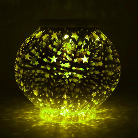 Color Changing Mosaic Solar Powered Glass Globe Light For Garden Patio Yard Outdoor Indoor Decor Waterproof Weatherproof Crystal Ball Led Lamp Auto On At Dusk Off At Dawn 6.7 Inch featuring glowing star patterns in the dark.