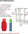Heavy Duty 304 Stainless Steel Gas Cylinder Rack Holder Pro Grade Storage Shelf dimensions and specifications with three cylinders depicted.