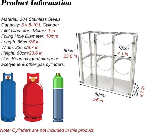 Product dimensions and specifications for Rock Solid Heavy Duty Propane Tank Cart Rack for 8 To 10 Liter Cylinders.