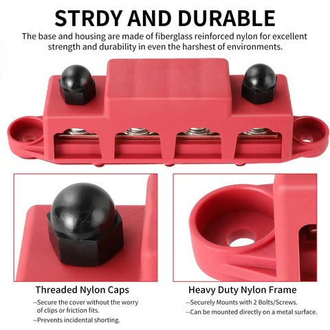 Heavy Duty Four Stud Power Distribution Block 250 Amp Bus Bar Junction with Weather Shield showing durable nylon frame and threaded caps.