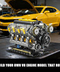 V8 Engine Model Kit That Runs, visible mini car motor building blocks set displayed with yellow car in background.