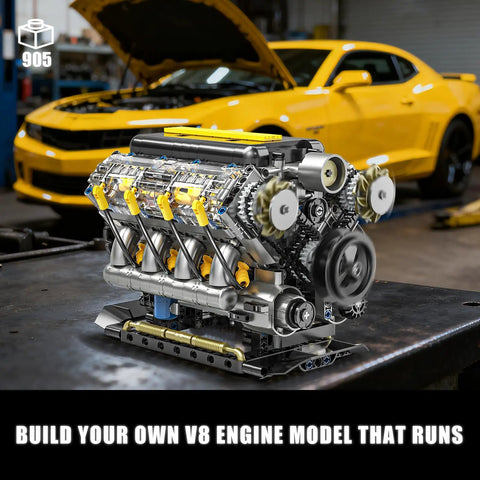 V8 Engine Model Kit That Runs, visible mini car motor building blocks set displayed with yellow car in background.