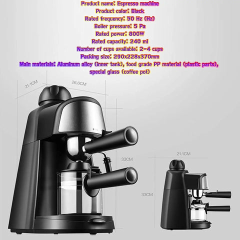 Top Tier Countertop Espresso Machine With Integrated Stainless Steel Steam Wand For Killer Cappuccino And Smooth Latte Pulls High Pressure Home Barista Setup In Sleek Black, viewed from the side showing metal design and glass pot.