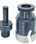 Front view of BTBLBITS dry diamond core drill bit: 1-1/2 in (38 mm) tile hole saw with 3/8 in hex shank adapter