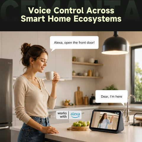 5 In 1 Smart Lock With Built In Camera And Doorbell, Keyless Entry Deadbolt, Wifi Enabled Electronic Lock For Home, Fingerprint Passcode Card Remote App Control, Rock Solid No Stress Security For Daily Grind, woman using smart device in kitchen