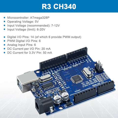 R3 CH340 board from Beginner Arduino Starter Kit With R3 CH340 Board, 400 Point Breadboard, DHT11 Sensor, Soil Moisture Sensor, LEDs, And Retail Box, IDE Compatible For Hands On Projects You Can Do Now