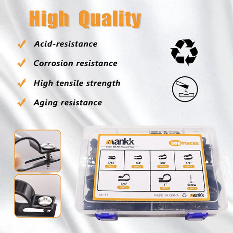 No Sweat 306 Piece Cable Clips And Wire Mount Assortment Kit Featuring R Type Clamps with high quality nylon and screws.