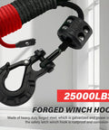 Close-up of forged winch hook and rubber stopper from Off Road Beefed Up Winch Rope Kit With Eight Thousand Five Hundred Pounds Capacity And Three Sixteenth Inch By Fifty Foot Synthetic Cable Protective Sheath Heavy Duty Hook Safety Pull Strap Rubber Stopper Ideal For Four By Four ATV UTV.
