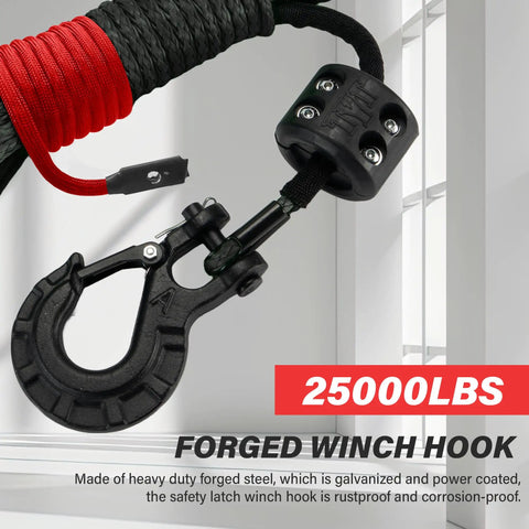 Close-up of forged winch hook and rubber stopper from Off Road Beefed Up Winch Rope Kit With Eight Thousand Five Hundred Pounds Capacity And Three Sixteenth Inch By Fifty Foot Synthetic Cable Protective Sheath Heavy Duty Hook Safety Pull Strap Rubber Stopper Ideal For Four By Four ATV UTV.