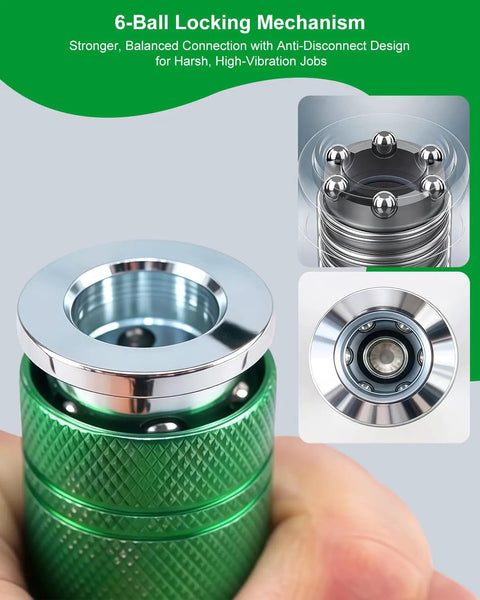 Heavy Duty One Half Inch Air Hose Fittings Kit With Quick Connect Coupler And Plugs, 300 PSI Industrial Iron, High Flow Set For Pneumatic Tools And Air Compressors, Built To Last, Includes Teflon Tape For Easy Install. 6-ball locking connector close-up