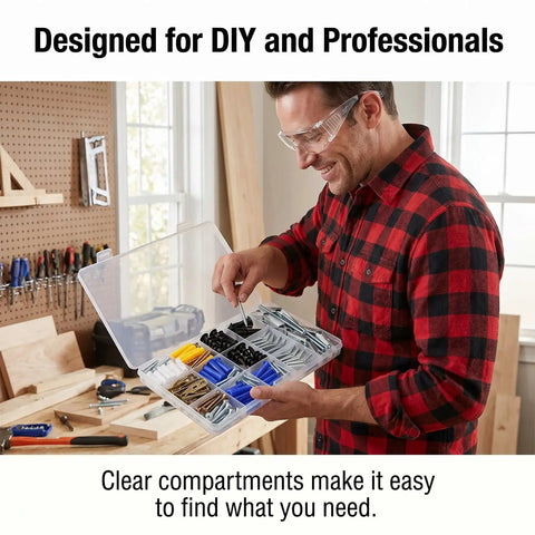 Person holding 165 Piece Drywall Anchors And Screws Kit with Toggle Bolts, Wing Nuts, Wood Screws in workshop setting