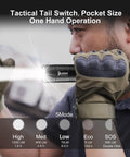 Person holding L50 Rechargeable Tactical Flashlight Beast Beam 1200 Lumens, IP68 Waterproof, showing beam modes.