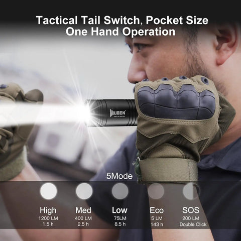 Person holding L50 Rechargeable Tactical Flashlight Beast Beam 1200 Lumens, IP68 Waterproof, showing beam modes.