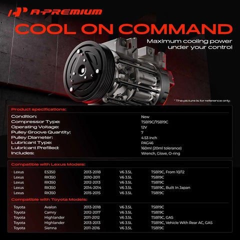 AC Compressor With Clutch Fits Lexus ES350 RX350 Toyota Avalon highlighted with product specs, showcasing durability and performance.
