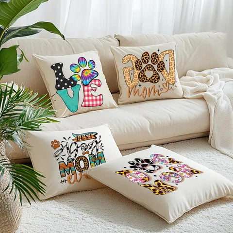 4 Pack Dog Mom Iron On Transfer Patches Set for DIY Tees Hoodies Bags Jackets colorful designs on beige pillows