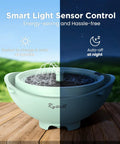Solar Bird Bath Fountain With 3 Spray Modes And 2L Capacity, shown on a wooden deck with smart light sensor control display.