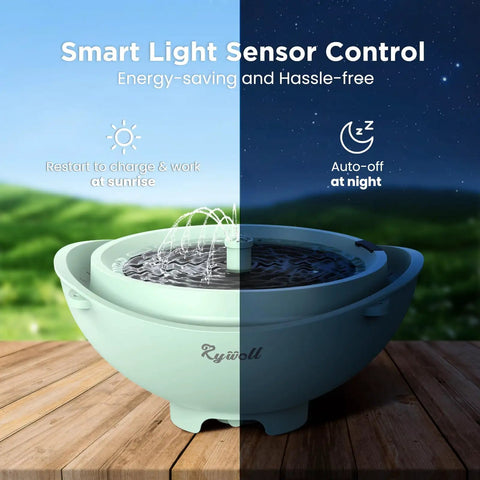 Solar Bird Bath Fountain With 3 Spray Modes And 2L Capacity, shown on a wooden deck with smart light sensor control display.