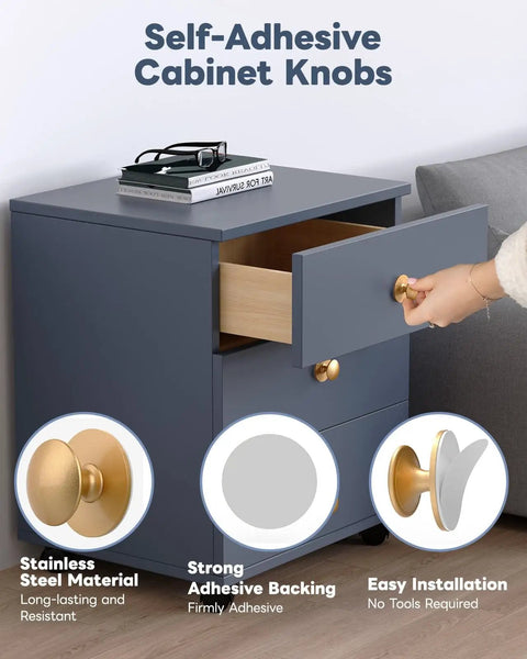 Person using 5 Pack Self Adhesive Cabinet Knobs No Drill Stick On Stainless Steel Handles Antique Gold For Kitchen Cabinets Wardrobes Dressers Cupboards Closets Easy Install No Tools Needed Durable on a drawer
