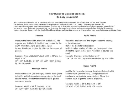 Instructions on calculating fire glass needed for various fire pit shapes: fireplace, round, rectangular, and square.
